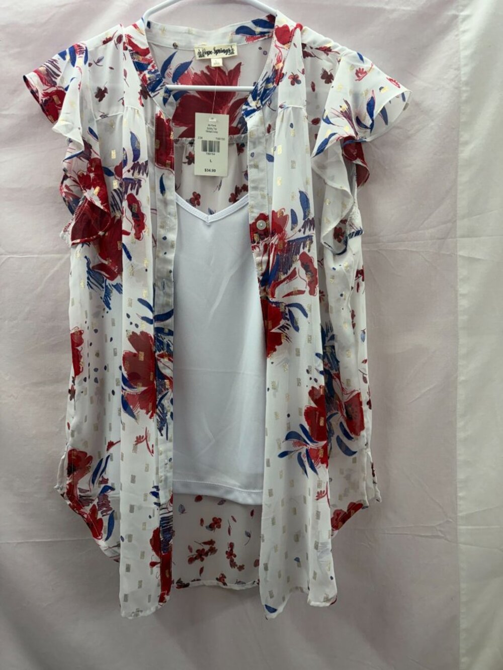 Hope Springs Women's L Sheer White  Button Down Blouse w built in Tank Top NWT